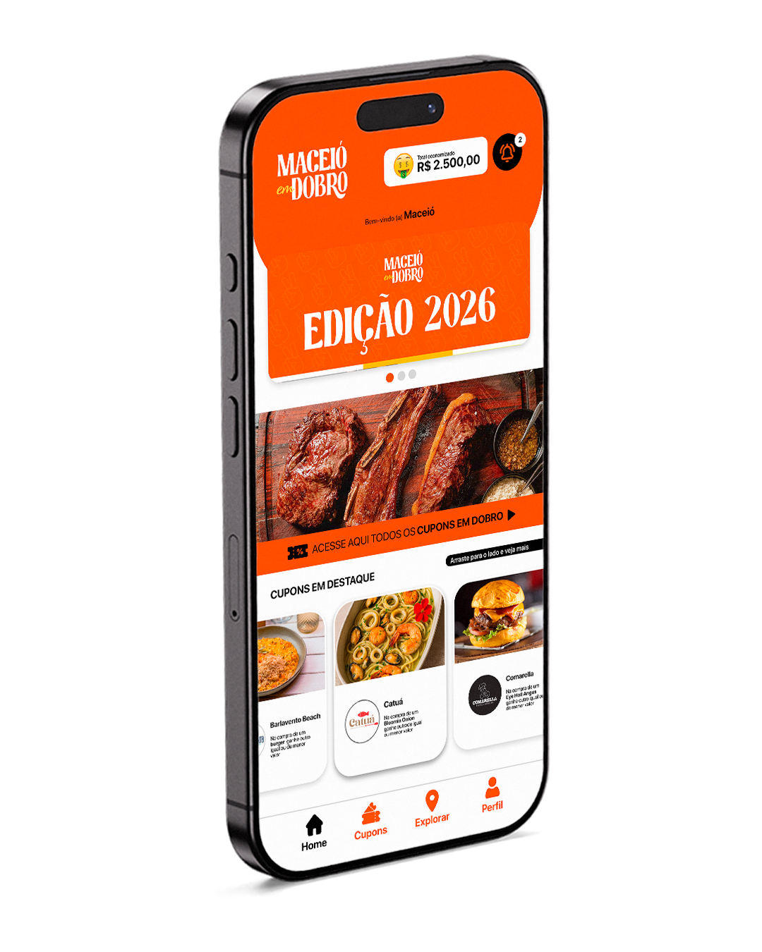 App Maceio em Dobro: tela inicial, mapa interativo e lista de cupons