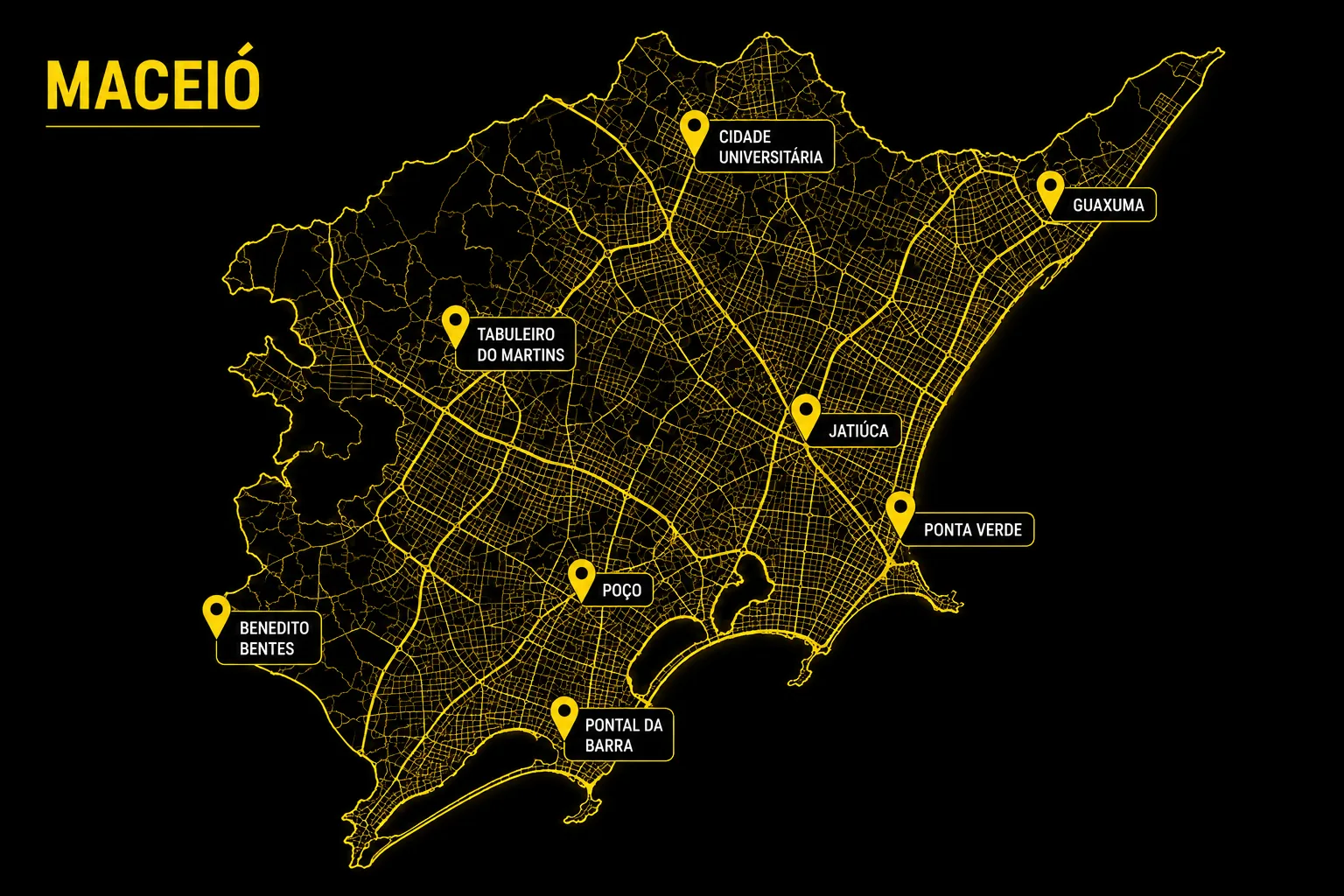 Mapa de Maceió com os bairros atendidos pelo Maceio em Dobro